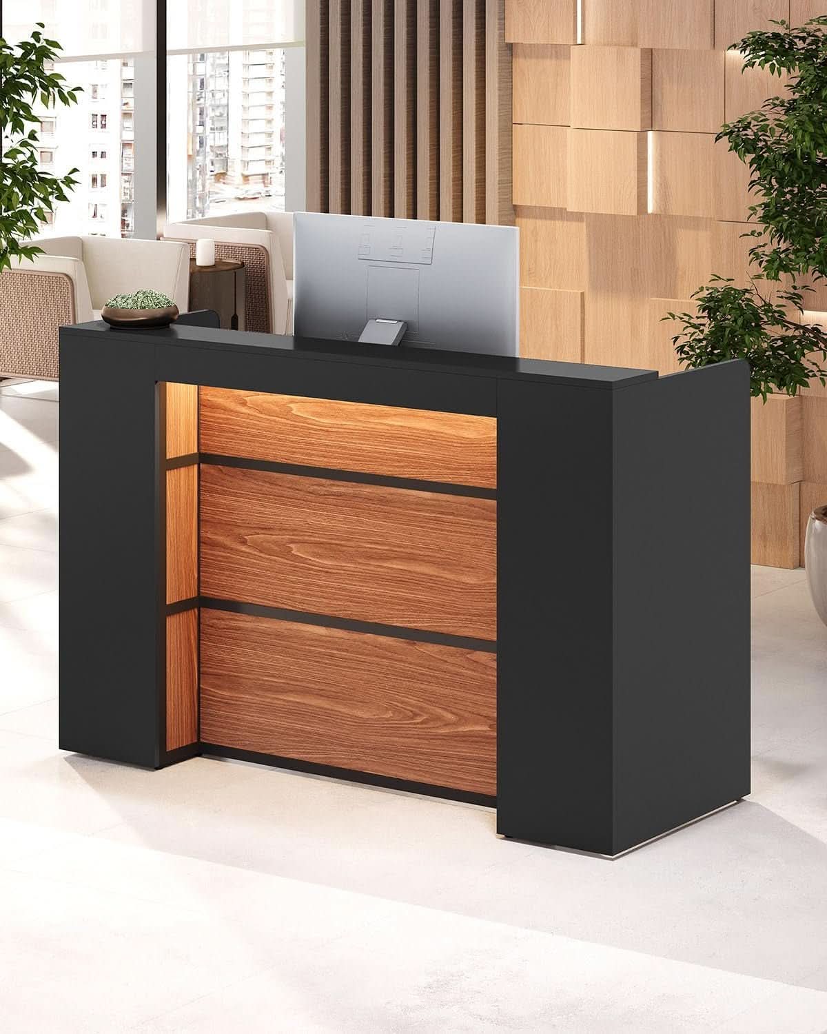 63 Inch Reception Desk Black And Brown Office Counter
