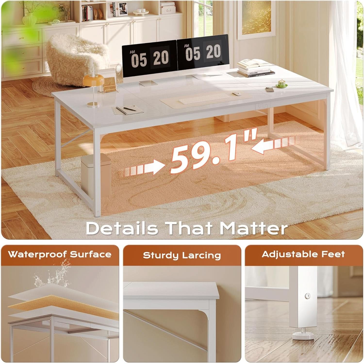 63 Inch White Computer Desk With Deep Desktop Home Office