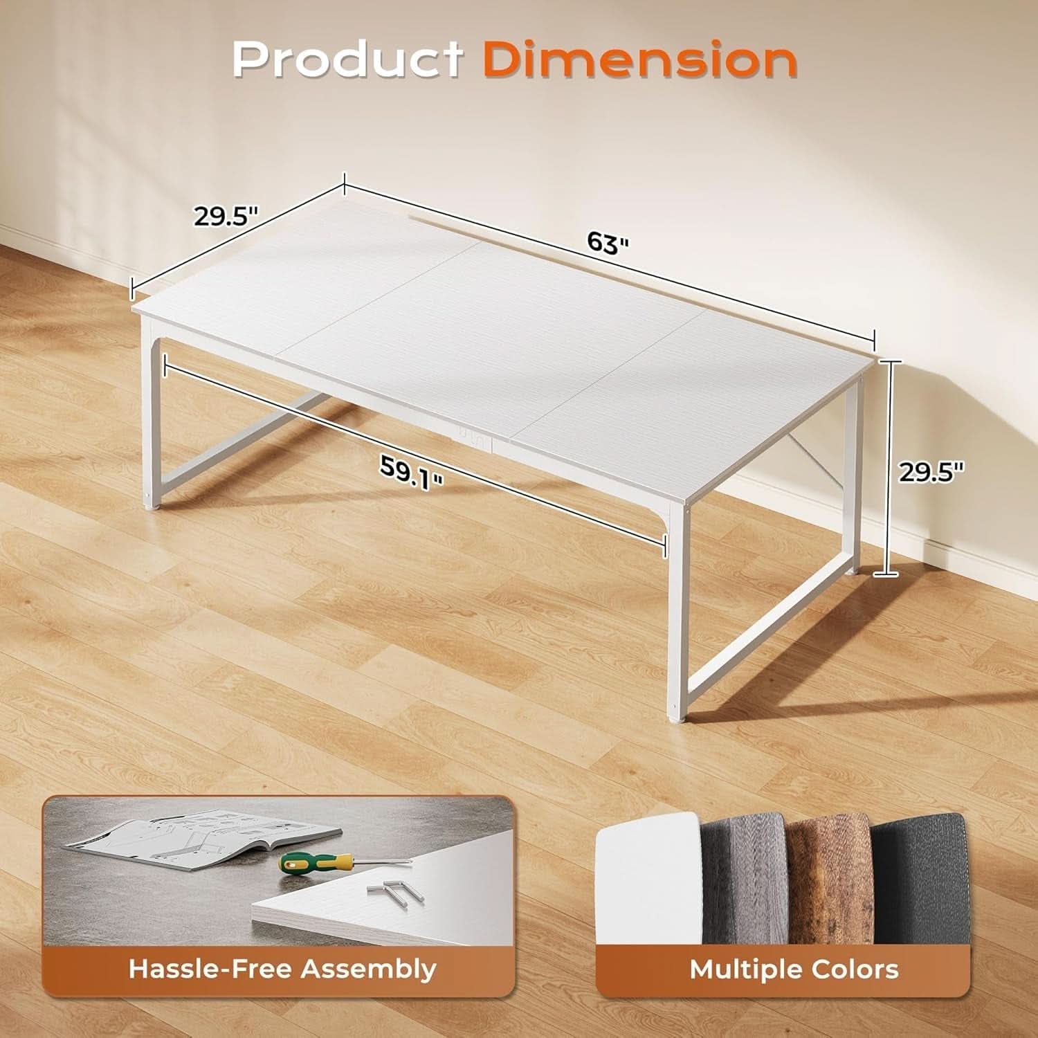 63 Inch White Computer Desk With Deep Desktop Home Office