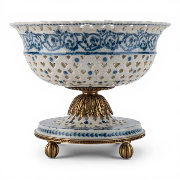 Porcelain Pierced Pedestal Bowl With Bronze Ormolu - Blue Scroll