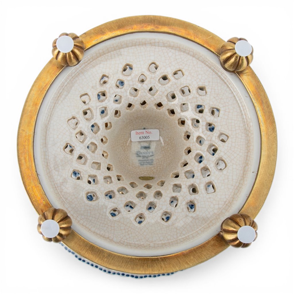 Porcelain Pierced Pedestal Bowl With Bronze Ormolu - Blue Scroll