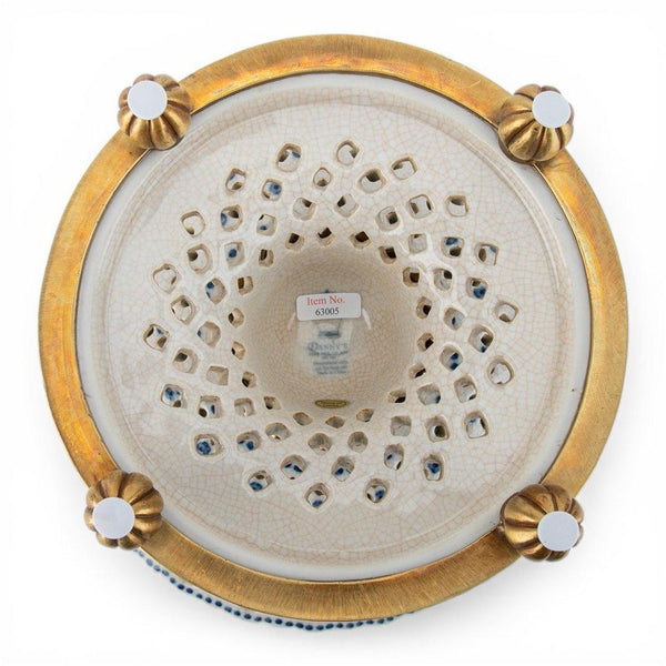 Porcelain Pierced Pedestal Bowl With Bronze Ormolu - Blue Scroll