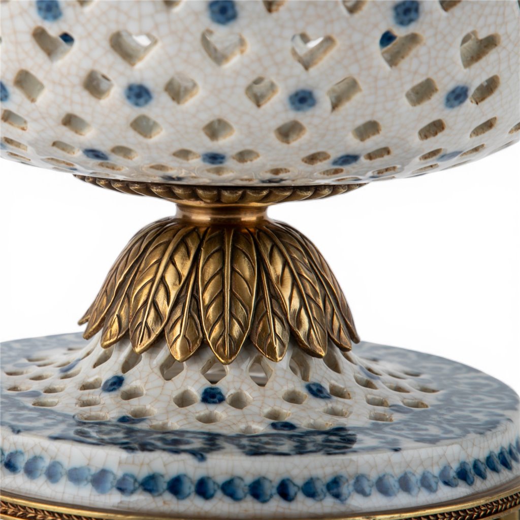 Porcelain Pierced Pedestal Bowl With Bronze Ormolu - Blue Scroll
