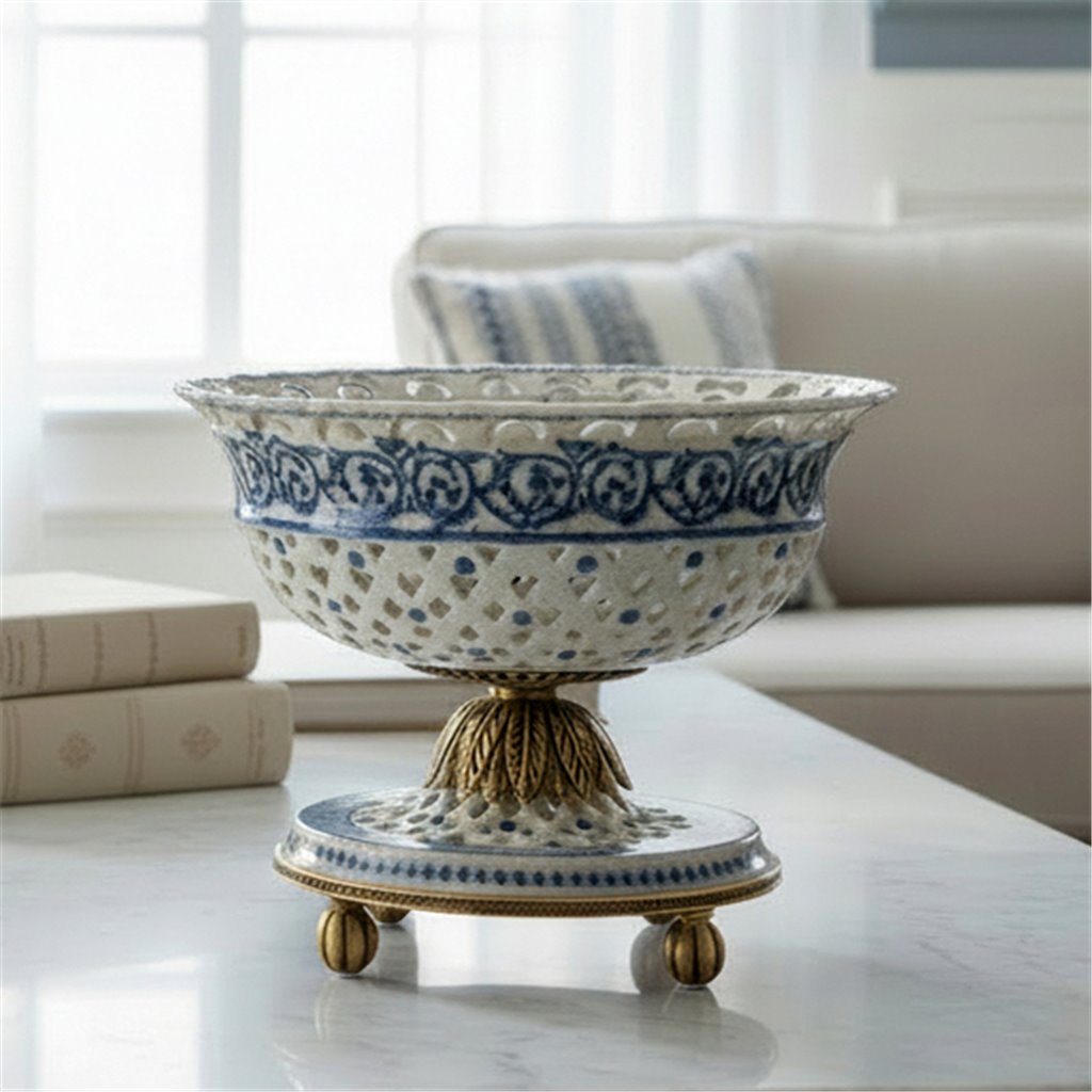 Porcelain Pierced Pedestal Bowl With Bronze Ormolu - Blue Scroll