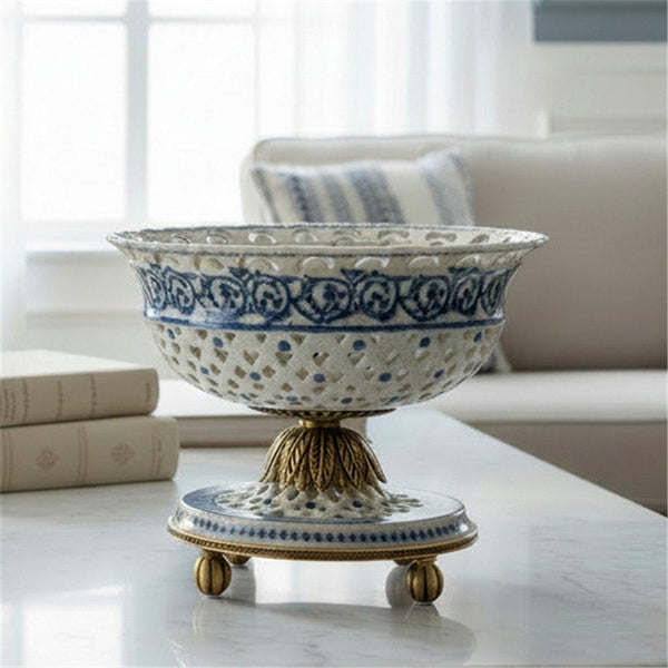 Porcelain Pierced Pedestal Bowl With Bronze Ormolu - Blue Scroll