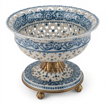 Porcelain Pierced Pedestal Bowl With Bronze Ormolu - Blue Scroll