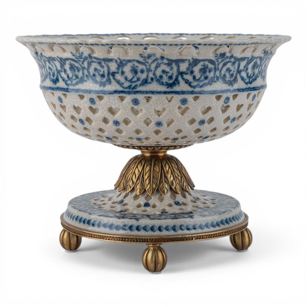 Porcelain Pierced Pedestal Bowl With Bronze Ormolu - Blue Scroll