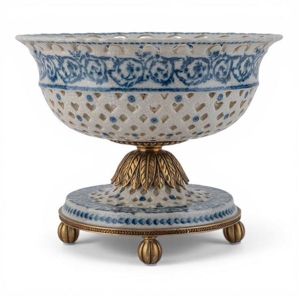 Porcelain Pierced Pedestal Bowl With Bronze Ormolu - Blue Scroll