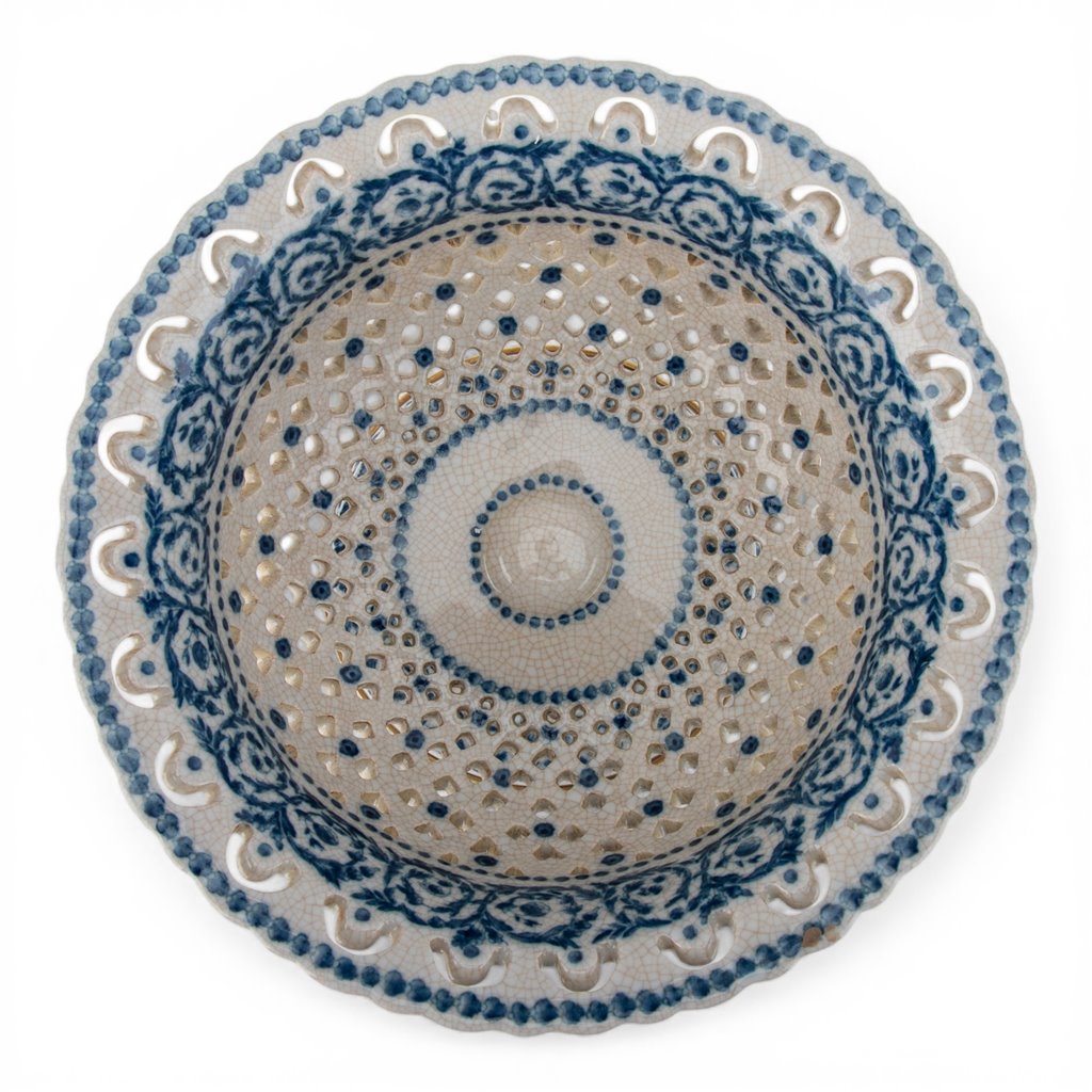 Porcelain Pierced Pedestal Bowl With Bronze Ormolu - Blue Scroll