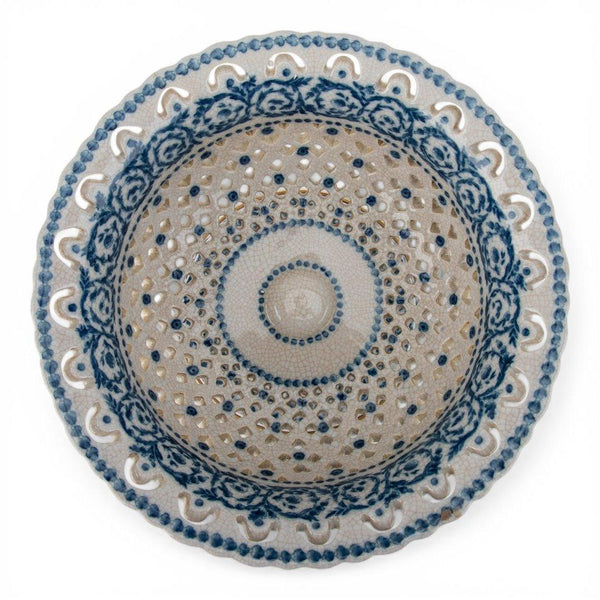 Porcelain Pierced Pedestal Bowl With Bronze Ormolu - Blue Scroll