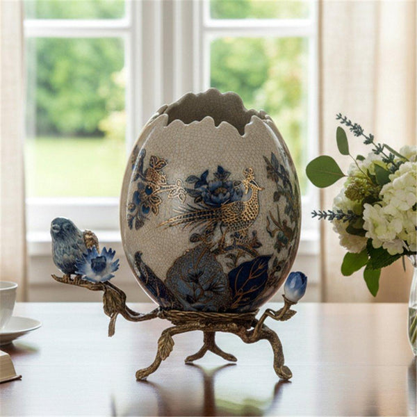 Porcelain Egg-Shaped Cachepot With Bronze Ormolu - Golden Pheasant