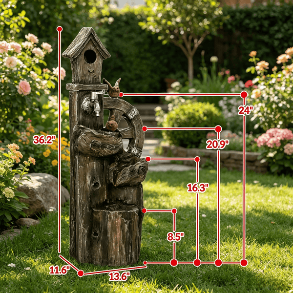 Resin Rustic Outdoor Fountain Birdhouse and Iron Tap