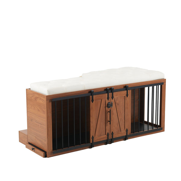 56'L, Furniture Style 2 in 1 Dog Crate with Padded Seat, Sliding Barn Door, Luxury Wooden Dog Kennel, End of Bed Bench Ottoman with Removable Cushion for Bedroom, Living Room, Walnut