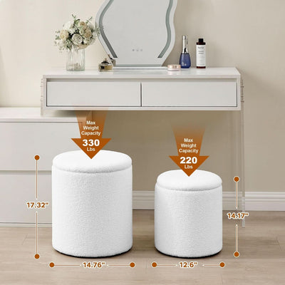 White Round Boucle Velvet Upholstered Storage Ottoman