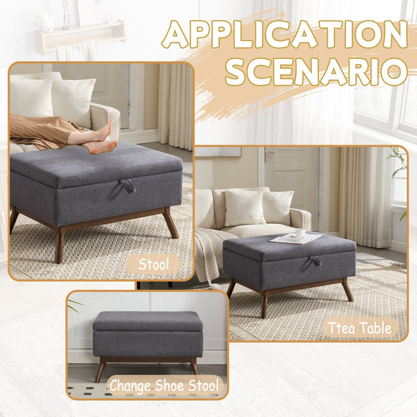 Mid-century modern square coffee table storage bench, assembled, suitable for living room, entryway and family room, used as a coffee table, stirrups, shoe bench