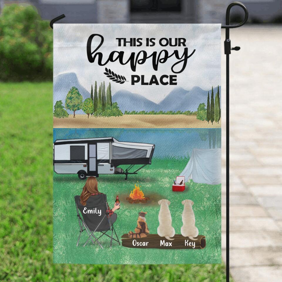 Personalized Camping Flag - Single Parent With 3 Pets - Gift Idea For Camping Lover - This Is Our Happy Place