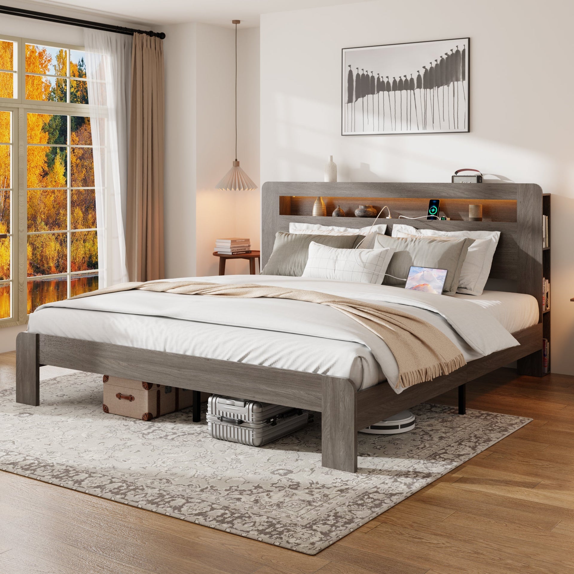 Bed Frame King Size, Wood Platform Bed Frame with Storage LED Light Headboard and 2 USB , Noise Free,No Box Spring Needed and Easy Assembly Tool,Large Under Bed Storage,Dark Grey