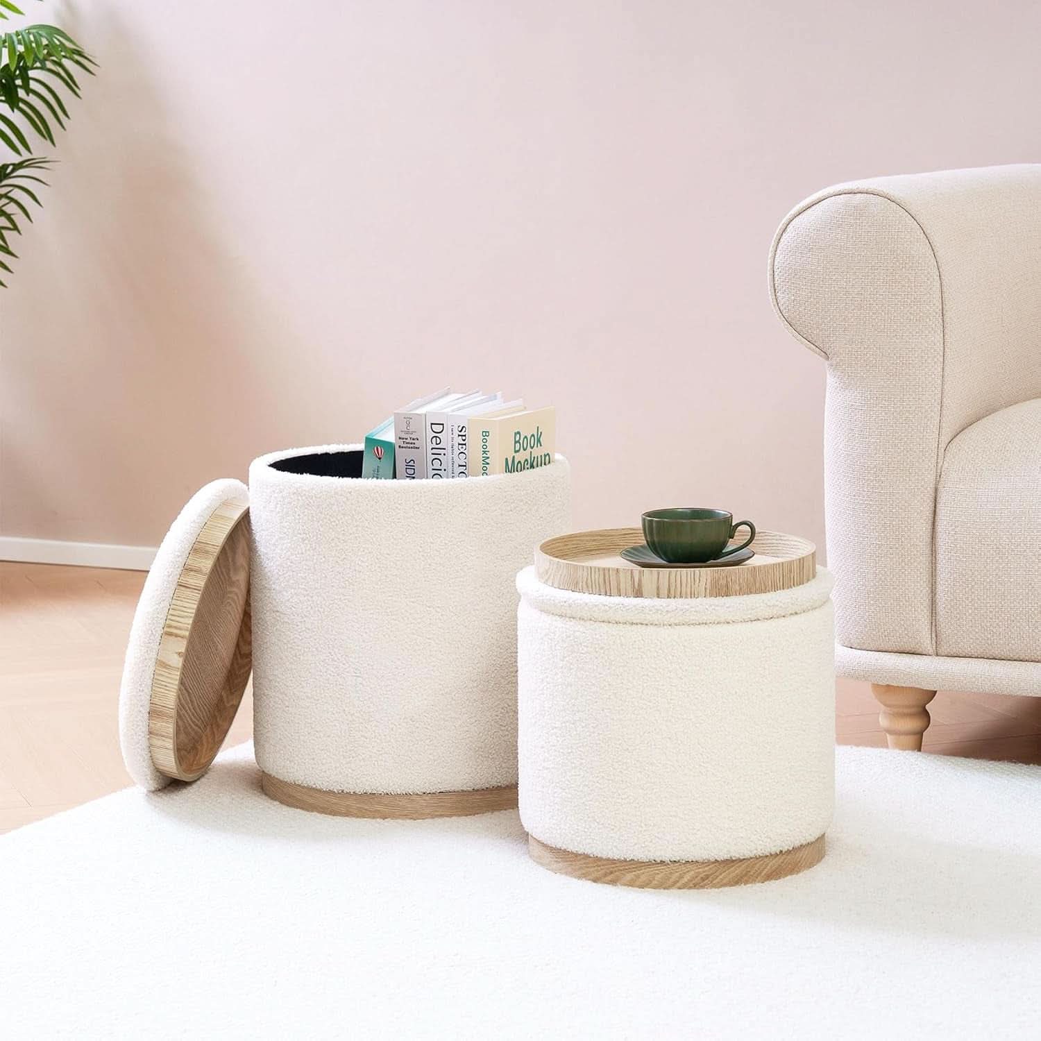 White Velvet Round Storage Ottoman FifteenInches Compact
