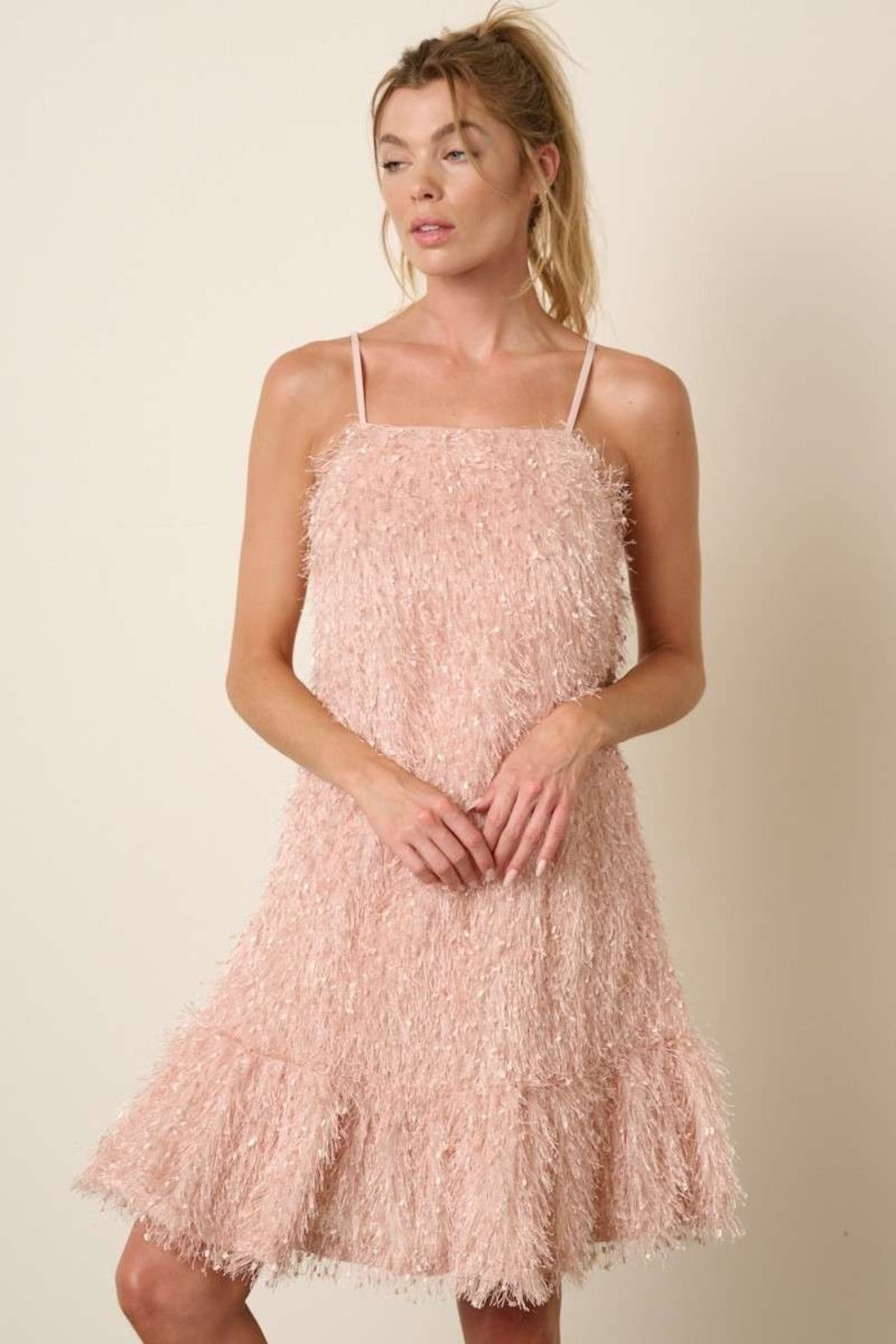 Feather Ruffle Hem Mini Cami Dress For Women – Ruffled Mini Dress, Cami Dress, Flatterting, Feather Detail Dress, Playful Mini Dress, Warm Weather Dress