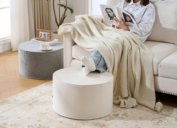 Twenty Two Inch Beige Ottoman Pouf With Ultra Premium Foam