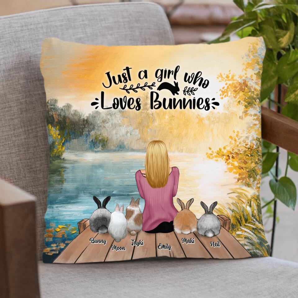 Personalized Rabbit Mom Pillow Cover - Gifts For Rabbit Lovers With Up to 5 Rabbits - Just A Gril Who Loves Bunnies