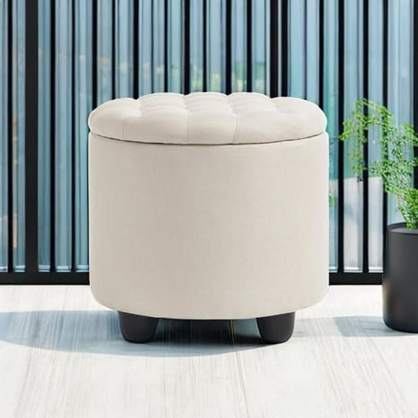 Beige Round Storage Ottoman Featuring Removable Lid