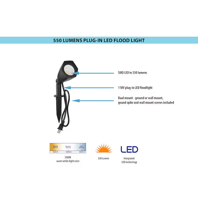 Harbor Breeze 550 - Lumens 5.3 -Watt Black Line voltage Soft White Plug-in LED Flood light