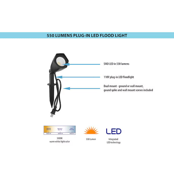 Harbor Breeze 550 - Lumens 5.3 -Watt Black Line voltage Soft White Plug-in LED Flood light
