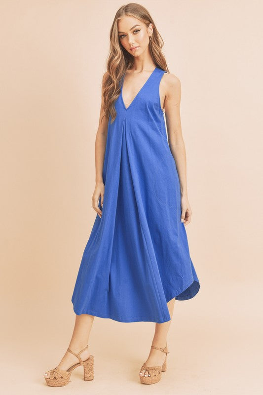 New Summer Front Pleat Detail V-Neck Sleeveless Midi Dress–Elegant, Feminine & Versatile Dress with Pleat Detailing, V-Neckline & Sleeveless Design for Both Casual & Formal Occasions