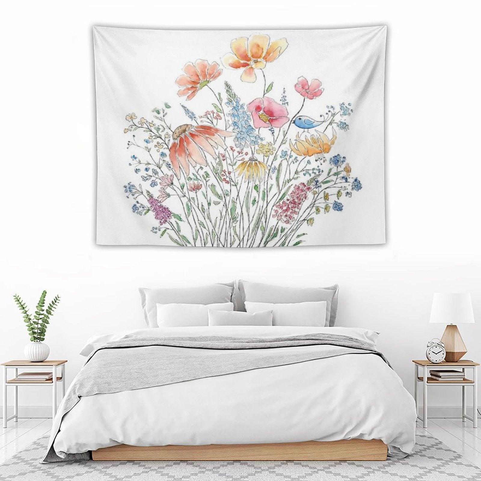 Hand Painted Wild Flower Bouquet And Blue Bird-line And Watercolor 2 Tapestry