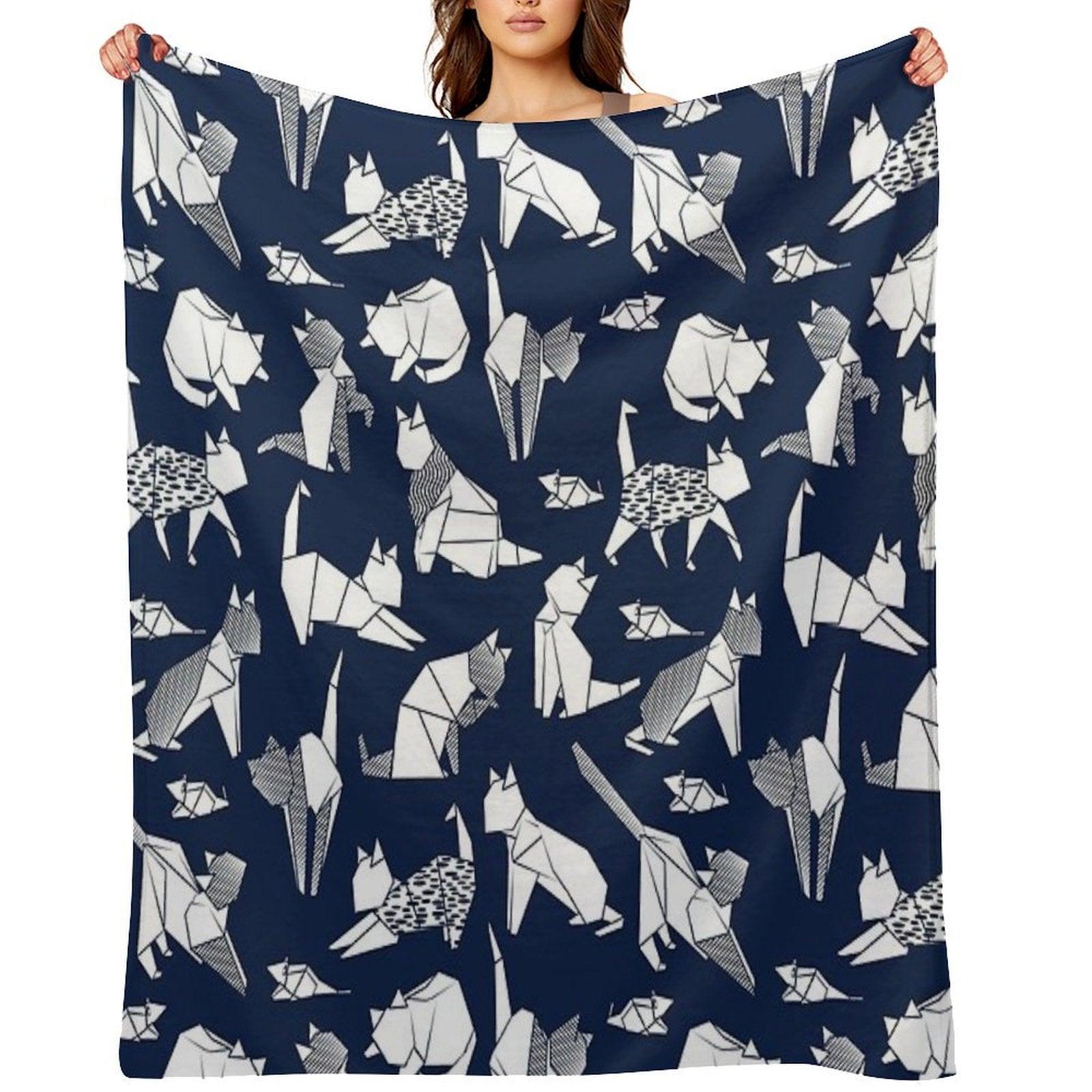 Origami Kitten Friends  Blue Navy Background Paper Cats Throw Blanket