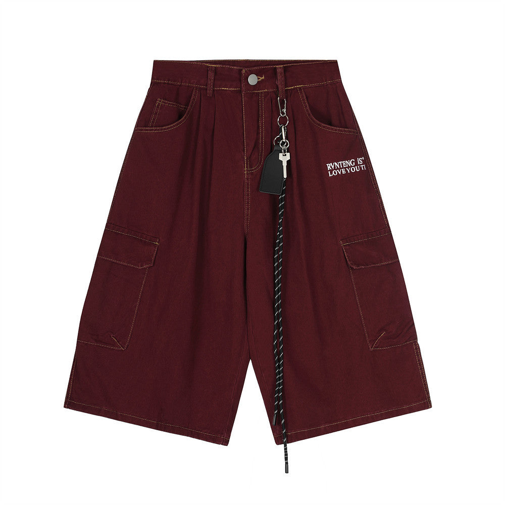 High Street American Style Workwear Cargo Shorts for Men with Topstitching Design and Metal Accessories, Multi-Pocket Denim Shorts