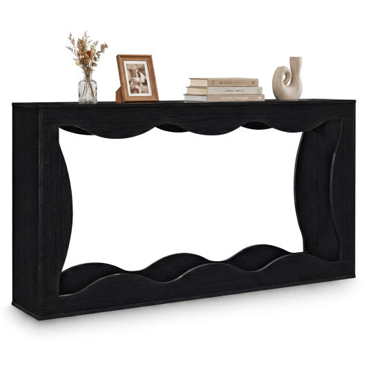 63 Inch Console Table 2-Tier Narrow Entryway Table with Wavy Edge Storage Shelf-Black