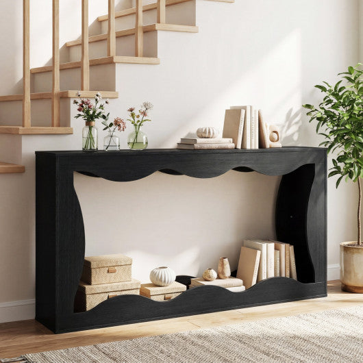 63 Inch Console Table 2-Tier Narrow Entryway Table with Wavy Edge Storage Shelf-Black