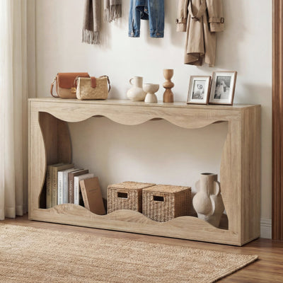 63 Inch Console Table 2-Tier Narrow Entryway Table with Wavy Edge Storage Shelf-Natural