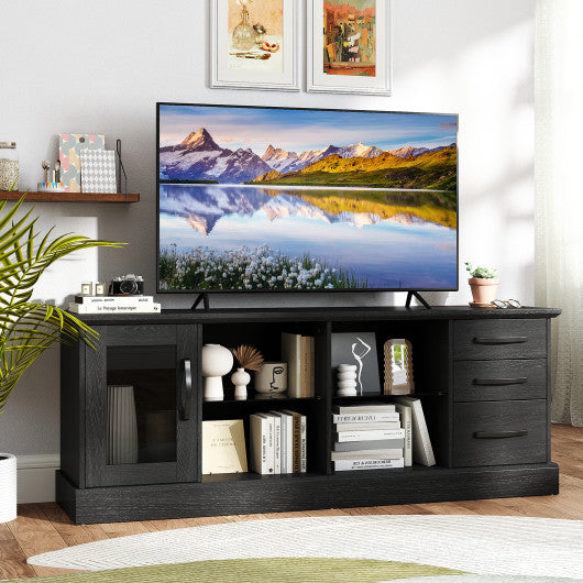 63 Inches Media Console Table with 3 Drawers and 2 Glass Shelves-Black
