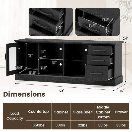 63 Inches Media Console Table with 3 Drawers and 2 Glass Shelves-Black