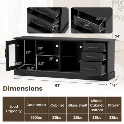 63 Inches Media Console Table with 3 Drawers and 2 Glass Shelves-Black