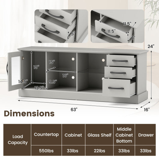 63 Inches Media Console Table with 3 Drawers and 2 Glass Shelves-Gray