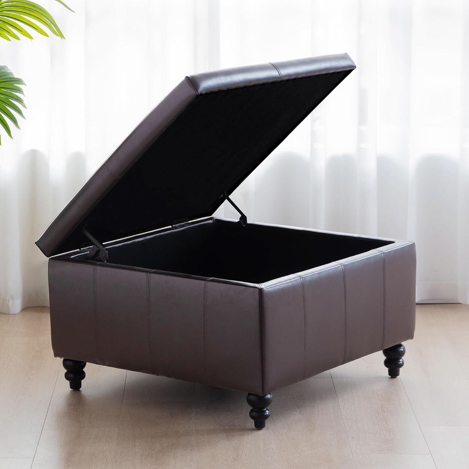 Square Leather Storage Ottoman 30-Inch Brown Durable