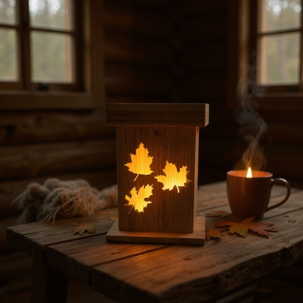 Maple Leaf Lantern – Rustic Cedar Wood Lantern with Cozy Autumn Glow