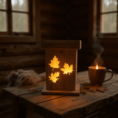 Maple Leaf Lantern – Rustic Cedar Wood Lantern with Cozy Autumn Glow