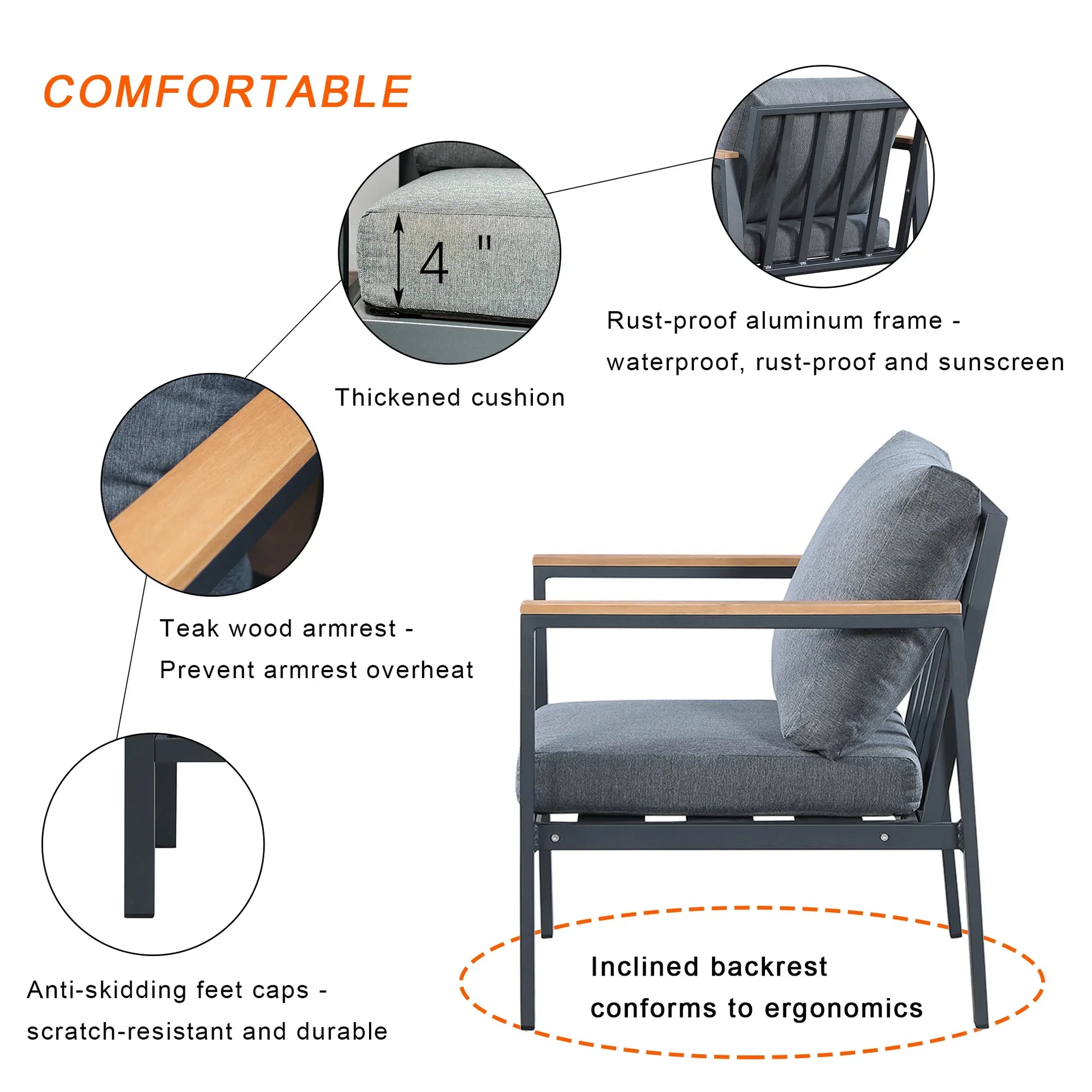 Rossio Outdoor 4pcs. Sectional Sofa,Matte Charcoal Aluminum Frame,Teak Finished