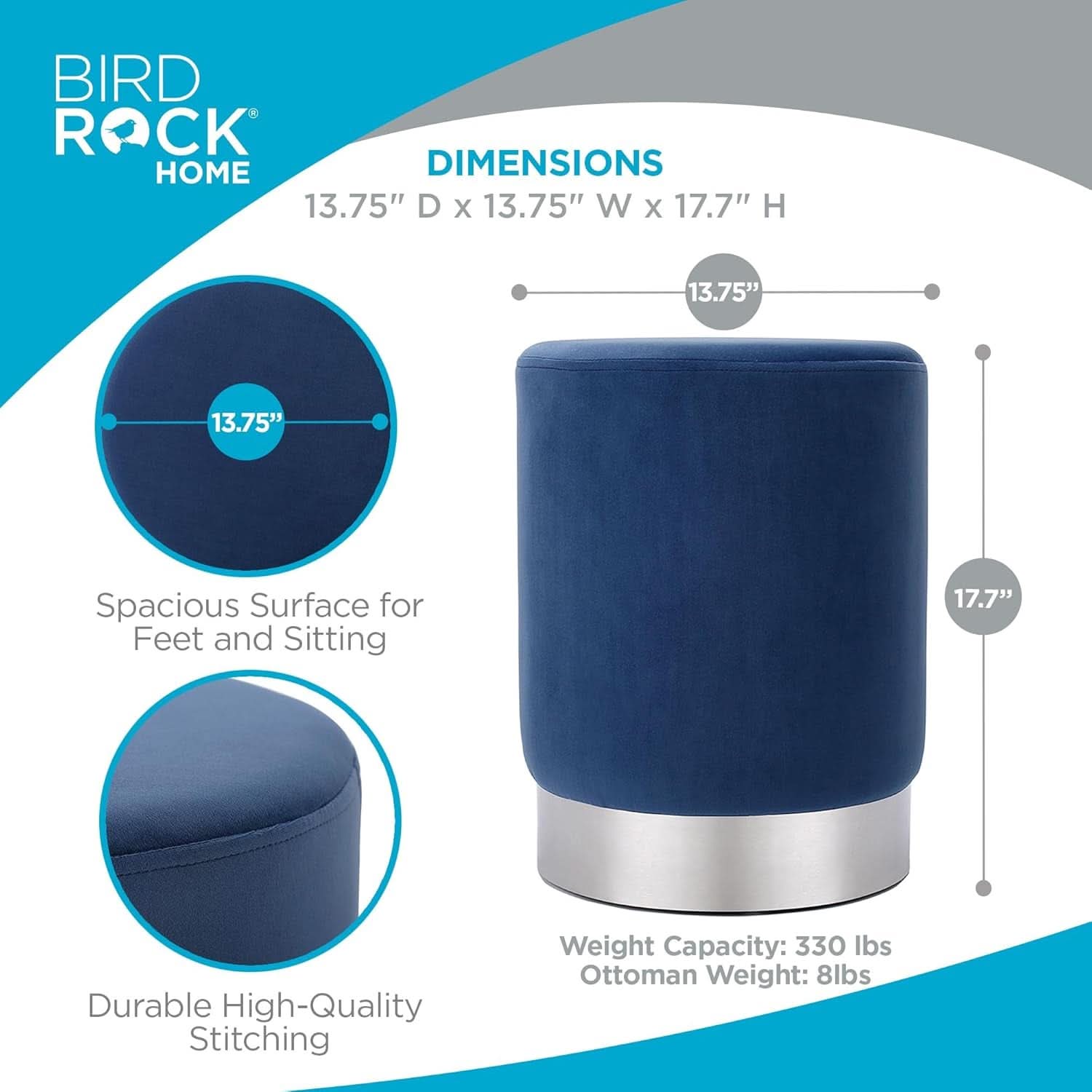 Sleek Round Ottoman Foot Stool Blue Memory Foam Padding