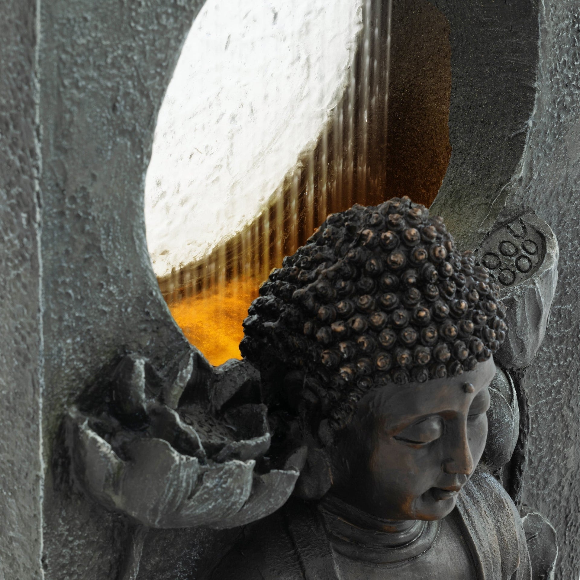 Resin Buddha Wall Panel Outdoor Fountain 28 Inch LED