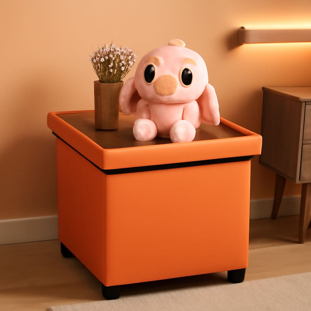 Orange Faux Leather Storage Ottoman With Wooden Tray