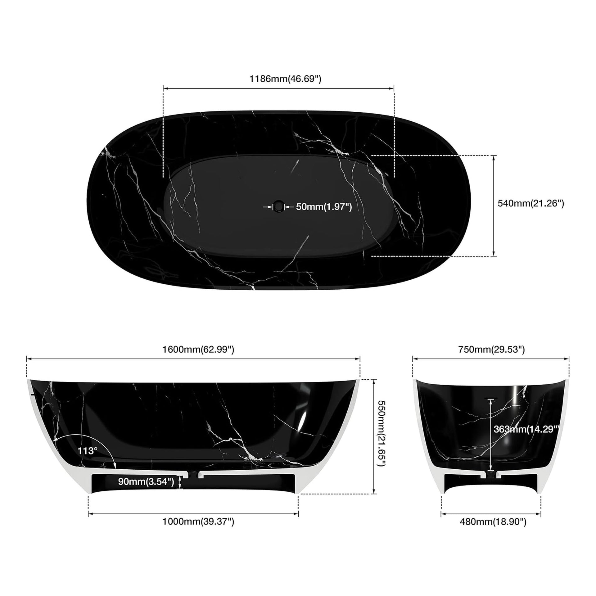 [63X29.5-Inch] Freestanding Modern Marble-Design Solid Surface Soaking Tub With Overflow (SAK11528)