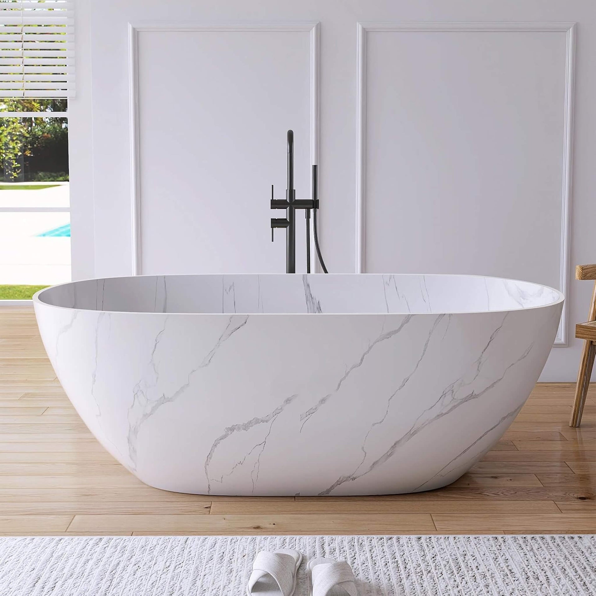 [63X29.5-Inch] Freestanding Modern Marble-Design Solid Surface Soaking Tub With Overflow (SAK11528)