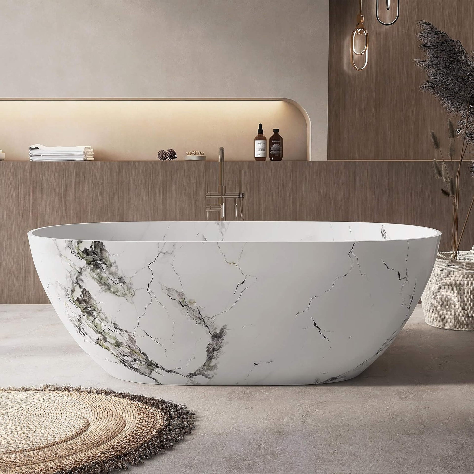 [63X29.5-Inch] Freestanding Modern Marble-Design Solid Surface Soaking Tub With Overflow (SAK11528)