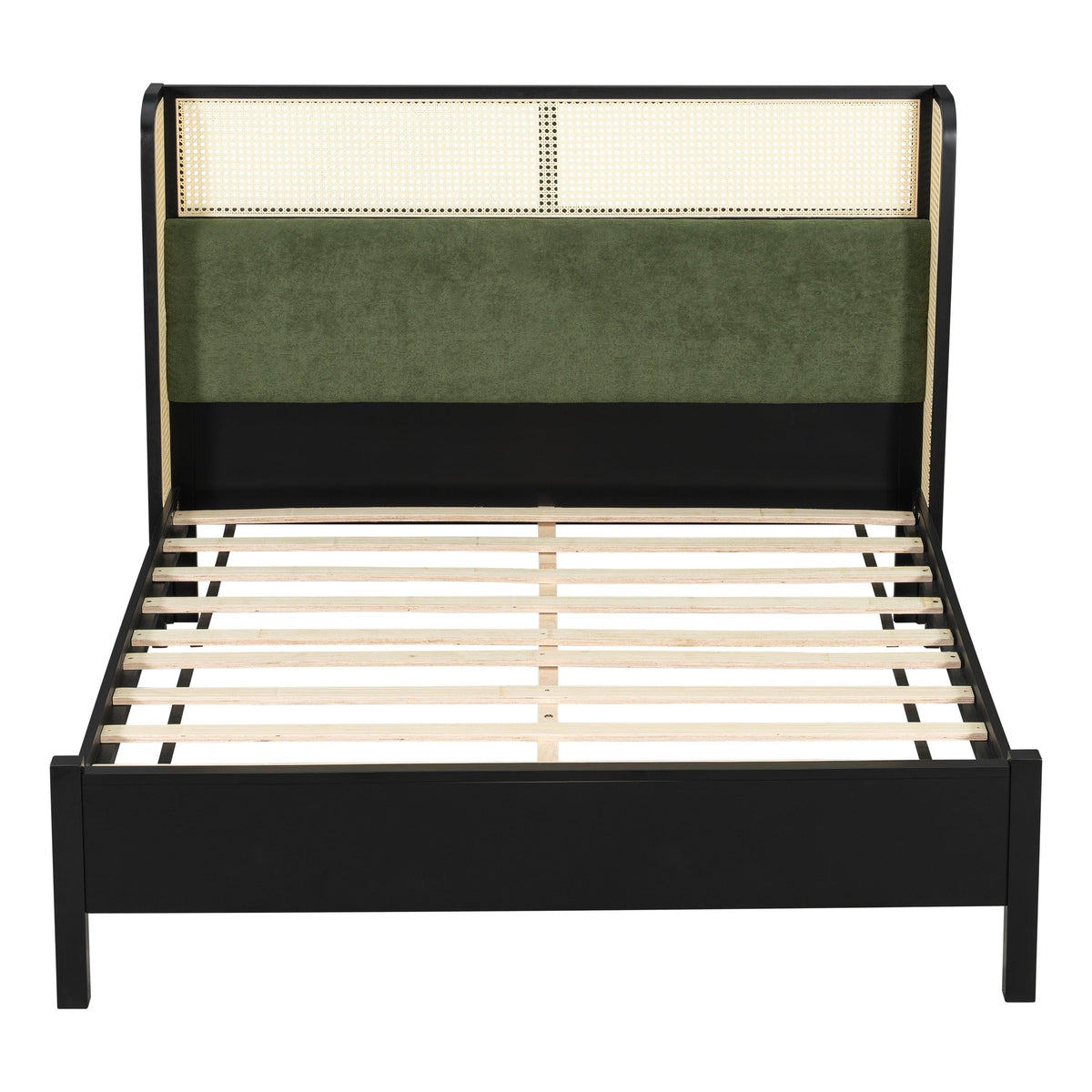 Queen Size Bed Frame with Green Upholstered Headboard